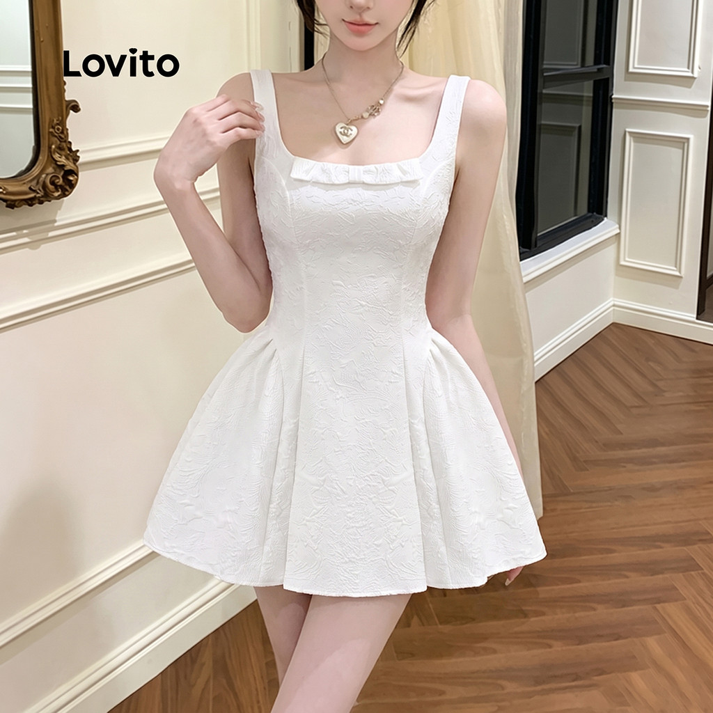 Lovito فستان نسائي أبيض بفيونكات وكشكش — صورة 4