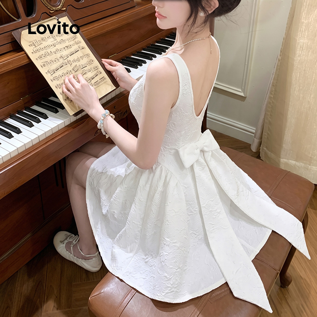 Lovito فستان نسائي أبيض بفيونكات وكشكش — صورة 6