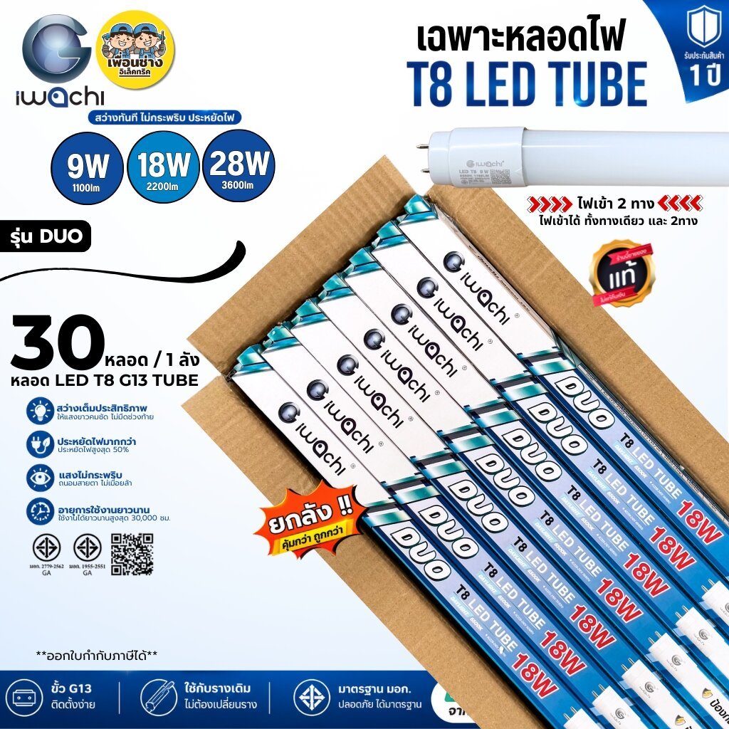 **เฉพาะหลอด** IWACHI ยกลัง เฉพาะหลอด รุ่นDUO T8 LED tube หลอดยาว 9W/18W/28W ยกลัง 30 หลอด ไฟเข้า 2 ทาง