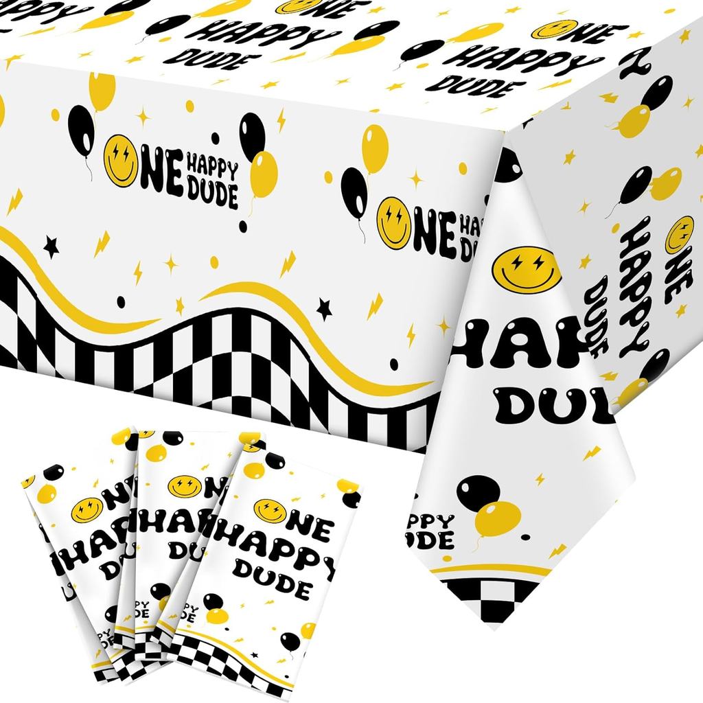 3 ชิ้น One Happy Dude ตารางผ้า One Happy Dude วันเกิดตกแต่งพลาสติก Smile Face Party ผ้าปูโต๊ะ 1st วั