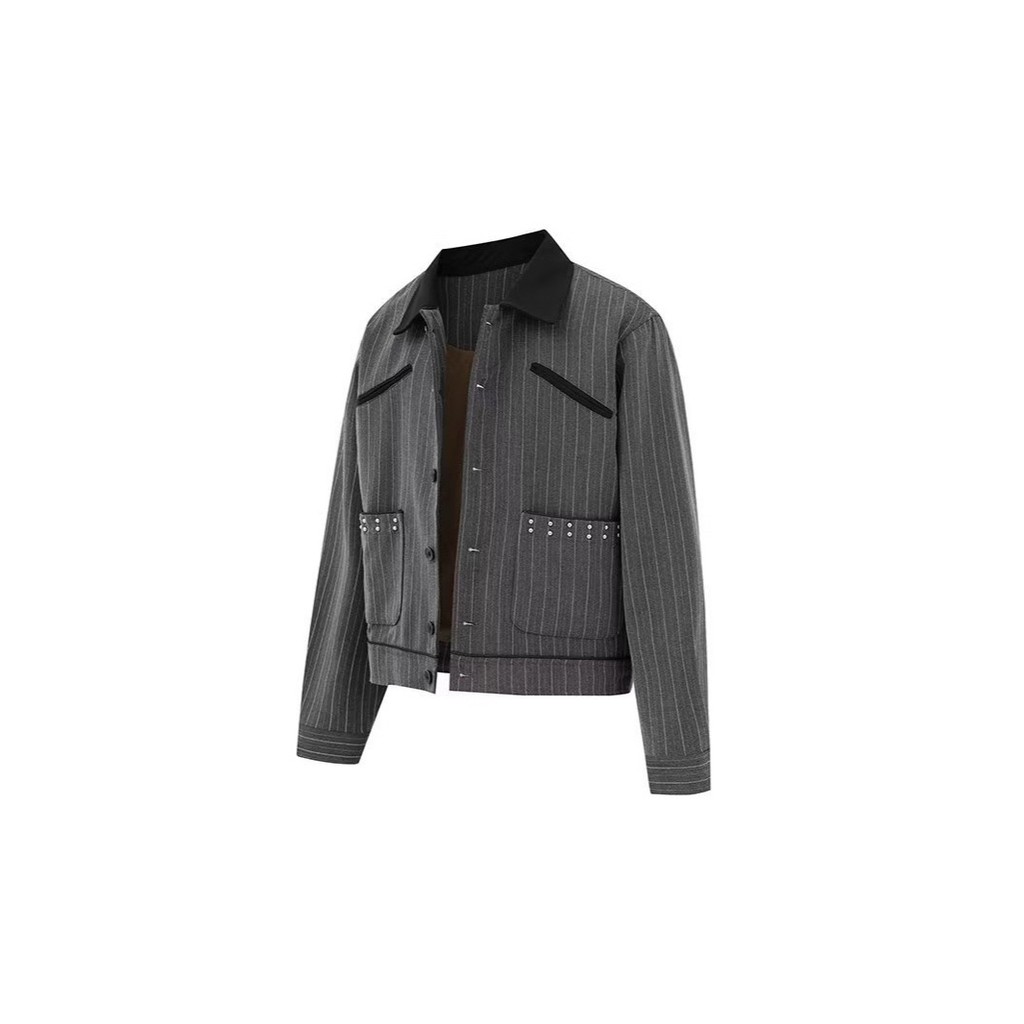 Retro Old Money Style Lapel Rivets เสื้อแจ็คเก็ตลายสั้นผู้ชายหล่อเสื้อลําลอง