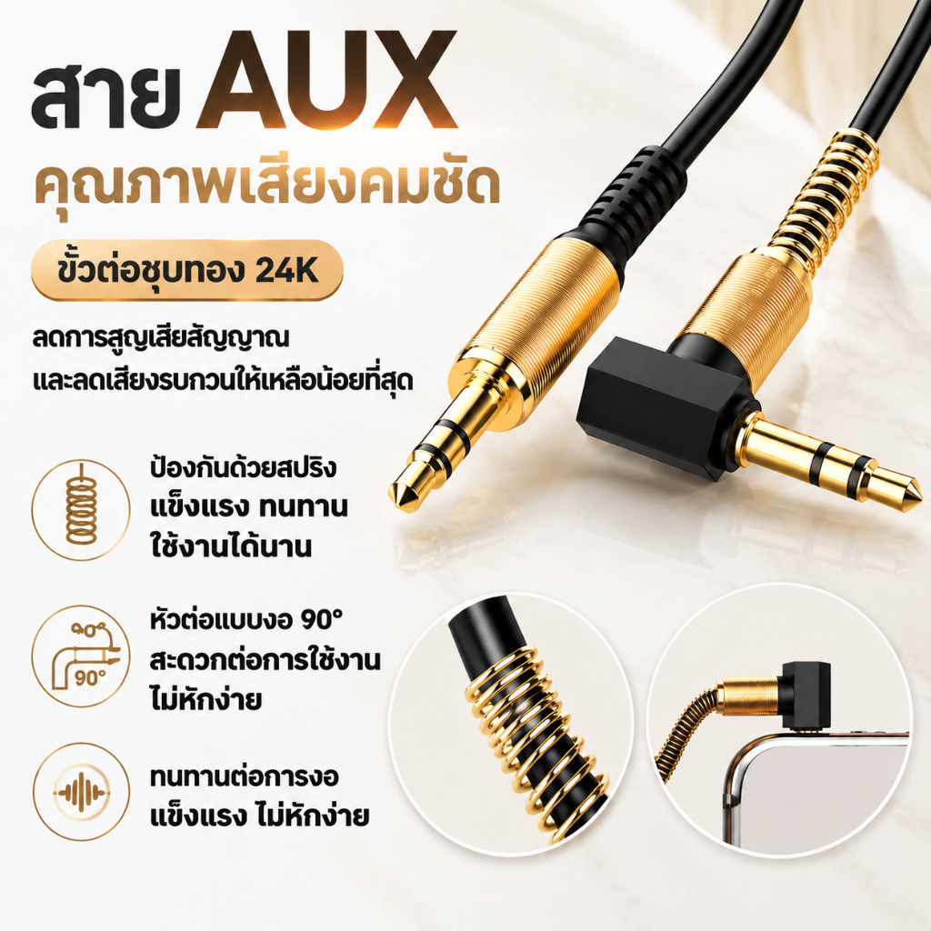สาย AUX ในรถยนต์ สปริง 3.5mm หัวงอ สายต่อลำโพง ยืดหดได้ 1.5 เมตร AUX Cable สายต่อโทรศัพท์กับลำโพง K3