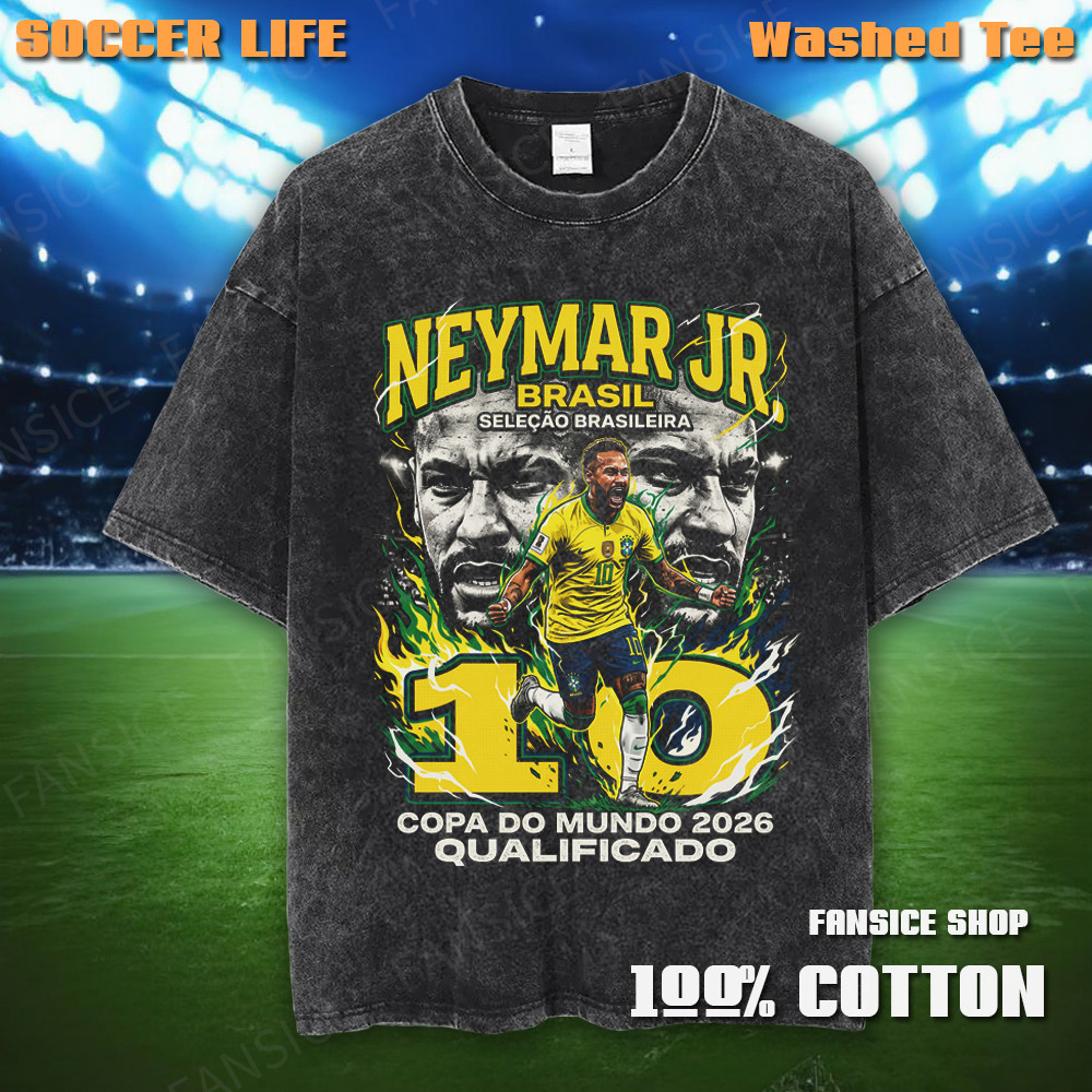 Neymar 2026 World Cup Vintage Washed Tee, 100% Cotton Soft & Breathable Football T Shirt