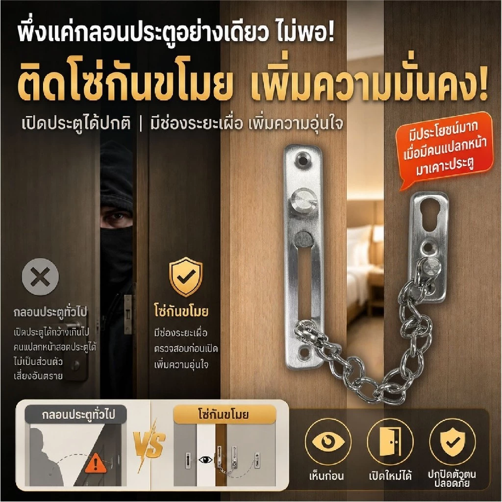 ที่ล็อคโซ่ประตู สแตนเลส304 โซ่คล้องประตู กันขโมย อุปกรณ์ล็อคเพื่อความปลอดภัย ติดตั้งง่าย สำหรับบ้านและคอนโด