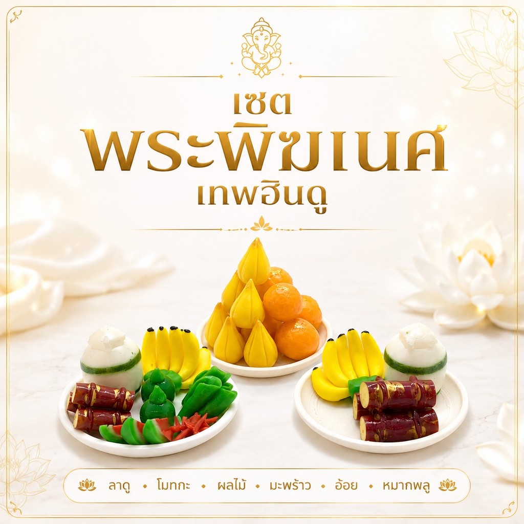 ชุดไหว้พระพิฆเนศ ดินปั้น ขนมลาดู โมทกะ พานผลไม้ อ้อย มะพร้าว หิ้งจิ๋ว หมากพลู a36