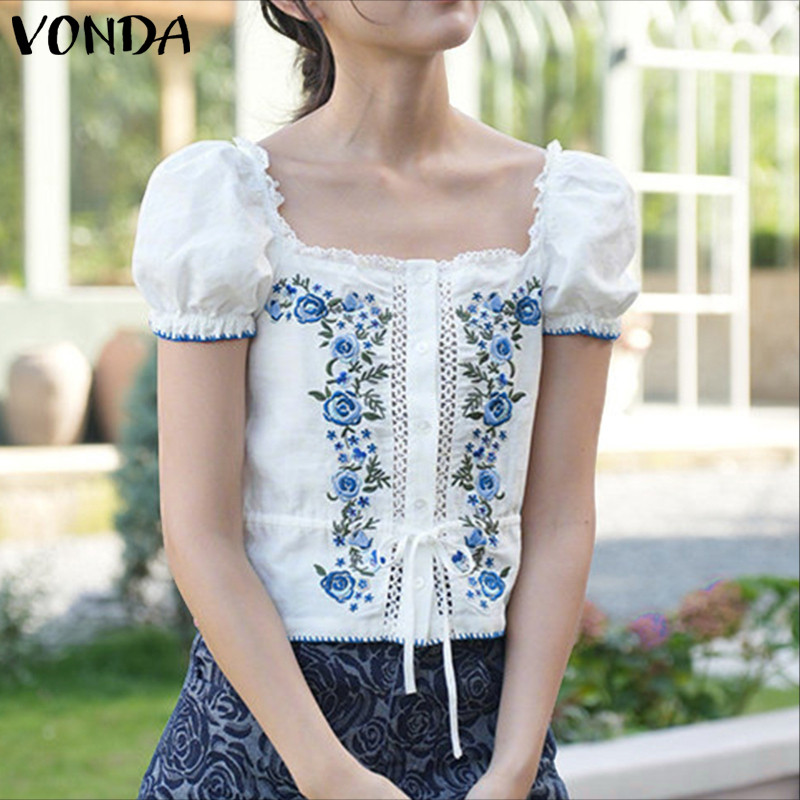 VONDA ผู้หญิงเกาหลีโรแมนติกวันหยุดสไตล์สแควร์คอพัฟแขน Tie-Up ดอกไม้พิมพ์เสื้อหวาน — صورة 5