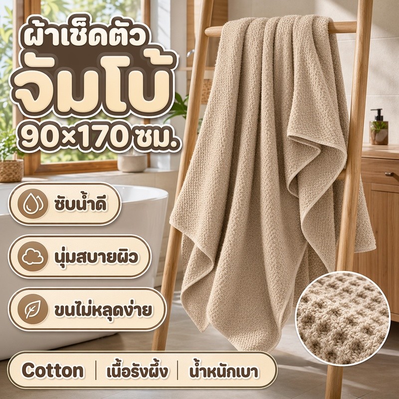 ผ้าเช็ดตัว พร้อมส่ง ซับน้ำดีขนไม่หลุด 90*170cm ผ้าขนหนู ขนาดใหญ่พิเศษ เนื้อนุ่ม ผ้าขนหนูอ ทอลายรังผึ้ง