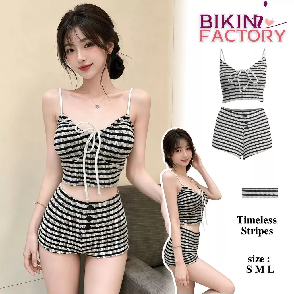 BIKINI FACTORY ชุดสายเดี่ยว ผู้หญิง 2 ชิ้น ลายทาง กางเกงขาสั้น เซ็ตแฟชั่น ผ้ายืด 🎱 มีไซส์ S-L | น้ำหนัก 38-58 กก. Y138