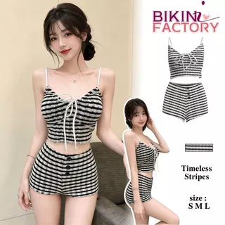 BIKINI FACTORY ชุดสายเดี่ยว ผู้หญิง 2 ชิ้น ลายทาง กางเกงขาสั้น เซ็ตแฟชั่น ผ้ายืด 🎱 มีไซส์ S-L | น้ำหนัก 38-58 กก. Y138