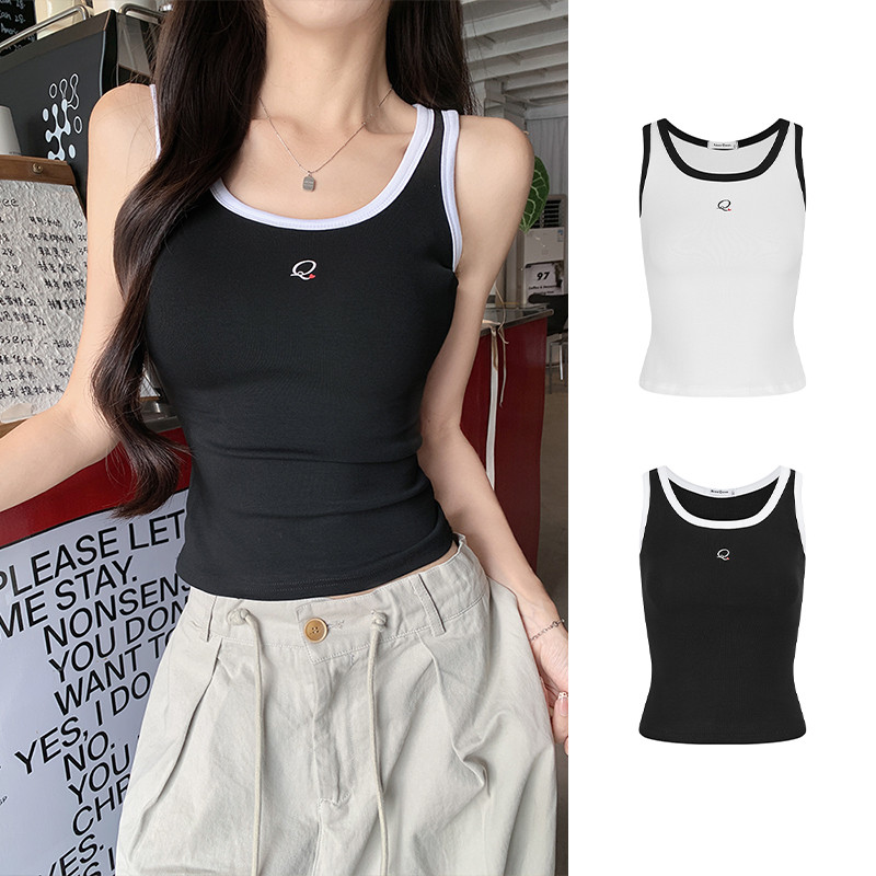 <Moss Queen> เสื้อกั๊กทรงเข้ารูปเย็บปะต่อสไตล์อเมริกันเสื้อแขนกุดยืด