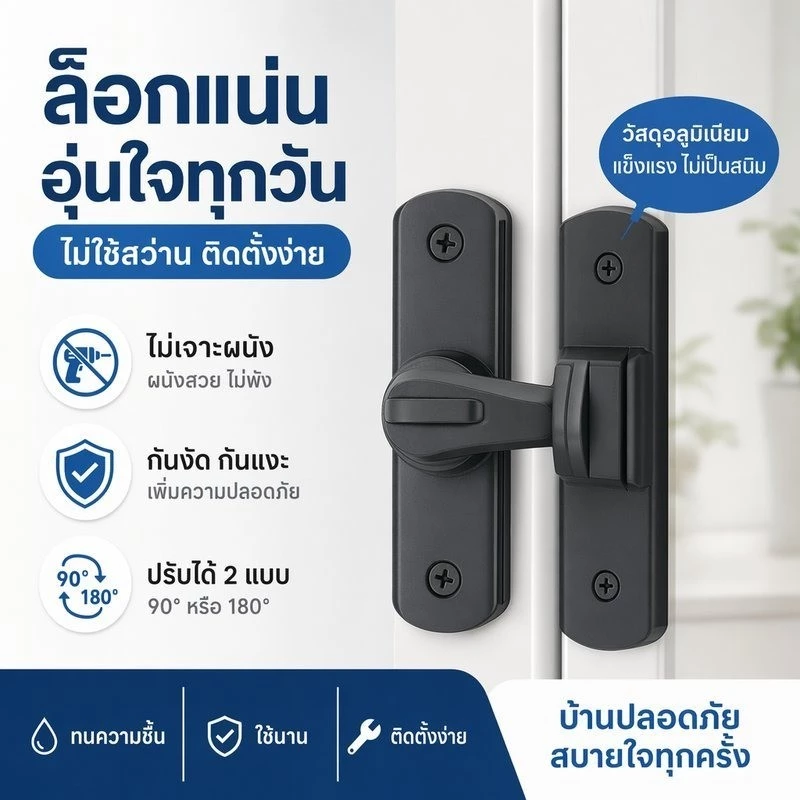  กลอนสับประตู รองรับประตูเปิด 90/180องศา ไม่จำเป็นต้องเจาะรู 3.96มม. กลอนสับประตูอลูมิเนียมหนา ป้องกันการโจรกรรม