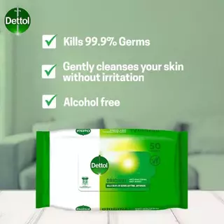 Dettol เดทตอล ผ้าเช็ดทำความสะอาดผิวแบบเปียก แอนตี้แบคทีเรีย จำนวน 50 แผ่น