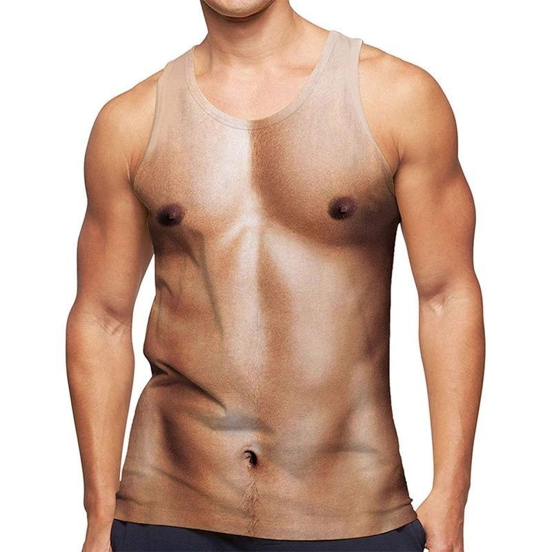3D ปลอม Abs กล้ามเนื้อหน้าอกพิมพ์เสื้อกั๊กผู้ชายกีฬา Street เสื้อกั๊กบาสเกตบอล Quick-Drying แขนกุด Y