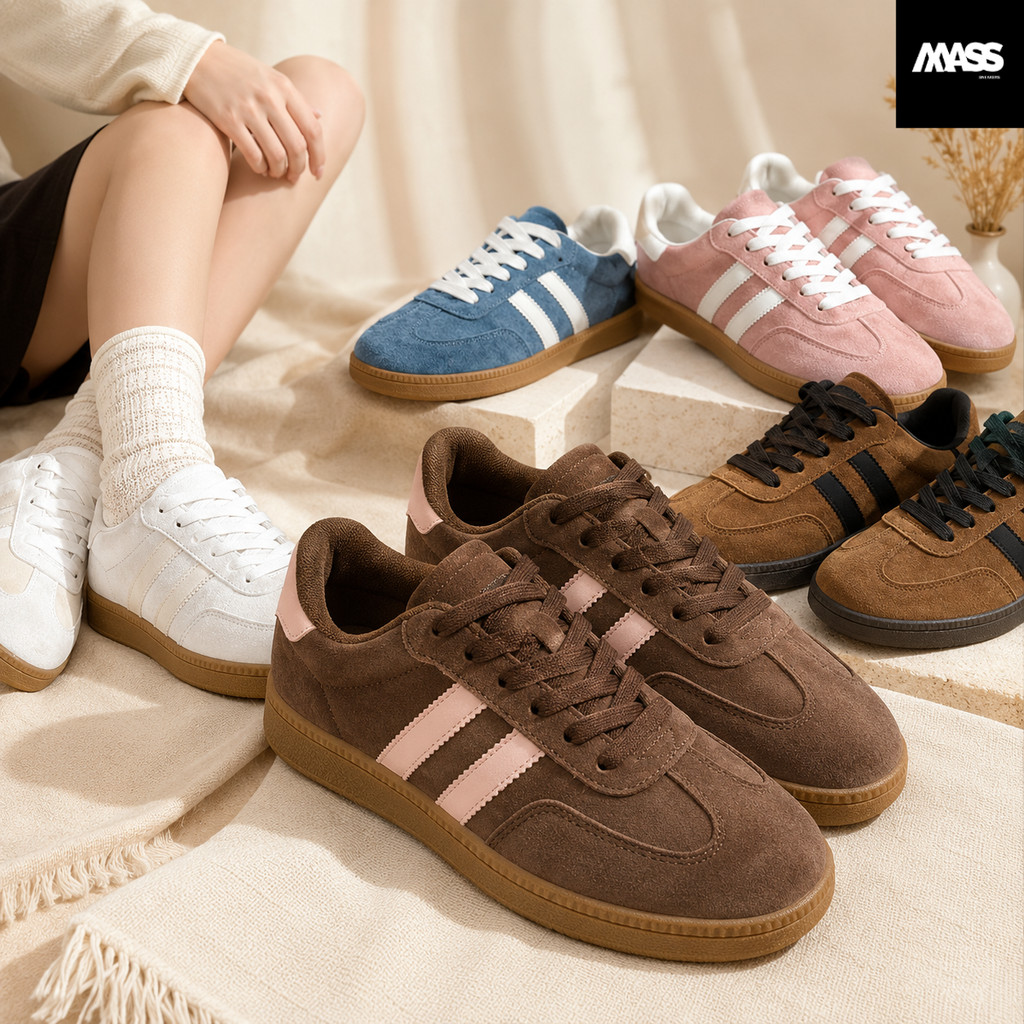 MASS Sneaker *บวกเพิ่ม 1 ไซซ์* รองเท้าผ้าใบแฟชั่น รองเท้าผ้าใบผู้หญิง รองเท้าหนังกลับ ผ้าใบลำลอง น้ำหนักเบา นุ่ม [LN322]