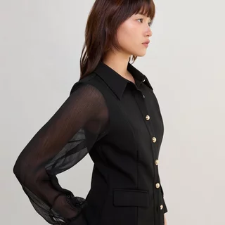 [Pomelo] เสื้อเชิ้ตแขนซีทรูเข้ารูป / Sheer Long Sleeve Shirt