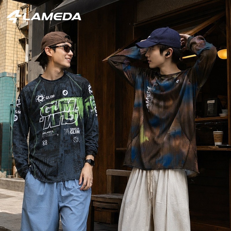 ลาเมดา ขี่จักรยานย์หลวมสบายๆแห้งเร็วแขนยาวเสื้อยืดด้านบนเสื้อผ้าป้องกันแสงแดดระบายอากาศผู้ชายผู้หญิง จักรยานเสือภูเขา จักรยานถนนเครื่