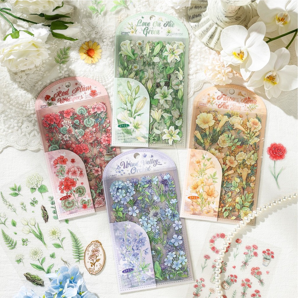 QOUZMO 6 แผ่น Double White Ink สติกเกอร์ดอกไม้พฤกษศาสตร์ Self-กาว Die ตัดสติกเกอร์พืชสําหรับ Scrapbooking Junk Journal Planner DIY Craft Supplies | Frost Floral Dew Series