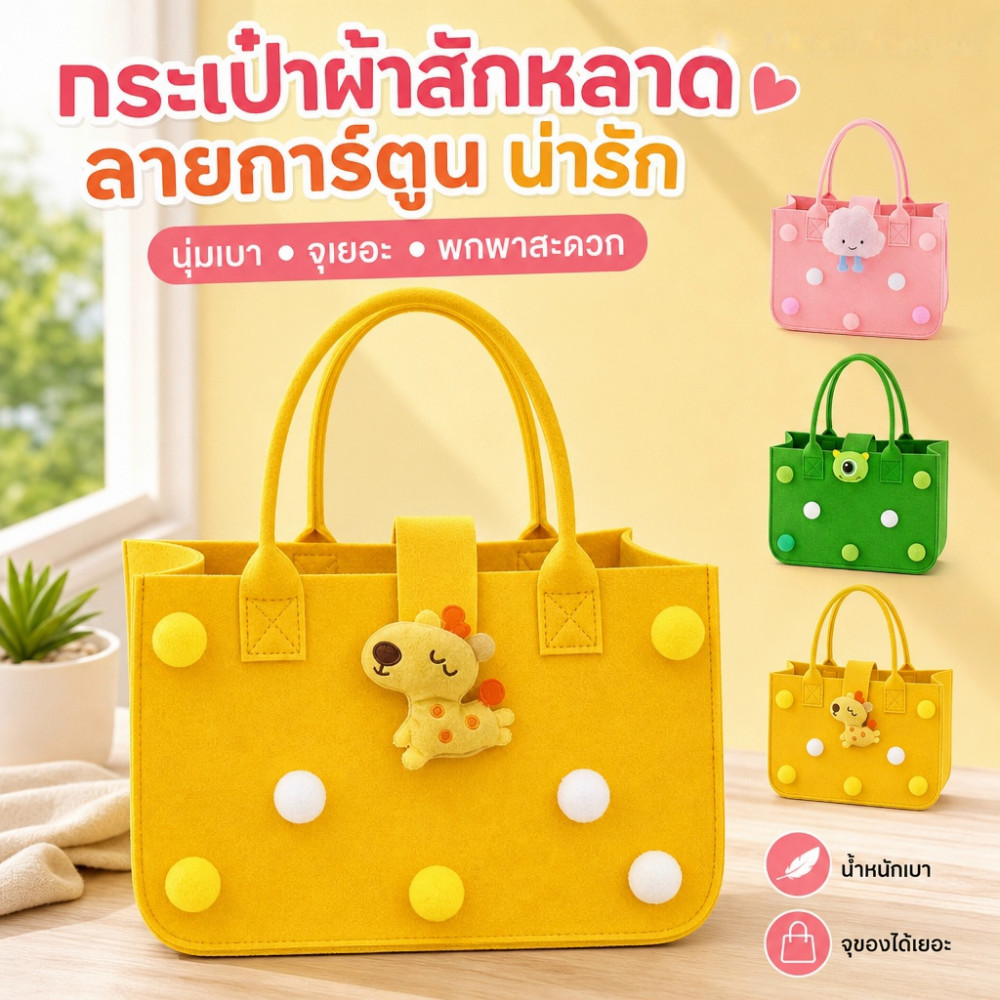 ถุงหิ้วผ้าสักหลาดน้ำหนักเบาหลากสีสัน ดีไซน์การ์ตูนน่ารัก ใช้ซ้ำได้ เหมาะสำหรับเป็นของขวัญหรือช้อปปิ้ง