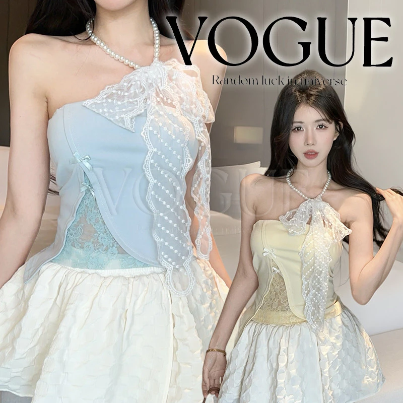 Vogue🌟พร้อมส่ง🌟 เสื้อเกาะอกดีไซน์เก๋ๆไม่เหมือนใคร แถมสร้อยคอมุกพร้อมผ้าลูกไม้ มีฟองน้ำในตัว สไตล์ลูกคุณหนู (FY2968#1)