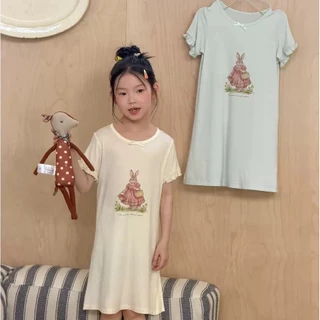 PRETTY BABY ชุดนอนเด็ก เดรสกระโปรง แขนระบาย ลายกระต่าย(2324)