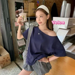 พร้อมส่ง ทรงหลวม เสื้อเเขนสั้นผู้หญิง เสื้อยืดเปิดไหล่ ผ้านิ่ม ใส่เเบบเปิดไหล่ได้ สาวอวบใส่ได้ Velca