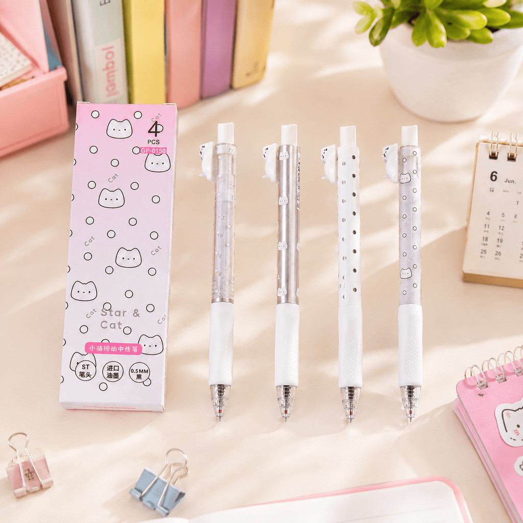 [WHOLESALE ATK] 3D CAT CHARACTER GEL PENS BLACK INK MECHANICAL PENS WITH PRECISION TIPS / SET 4 ชิ้น