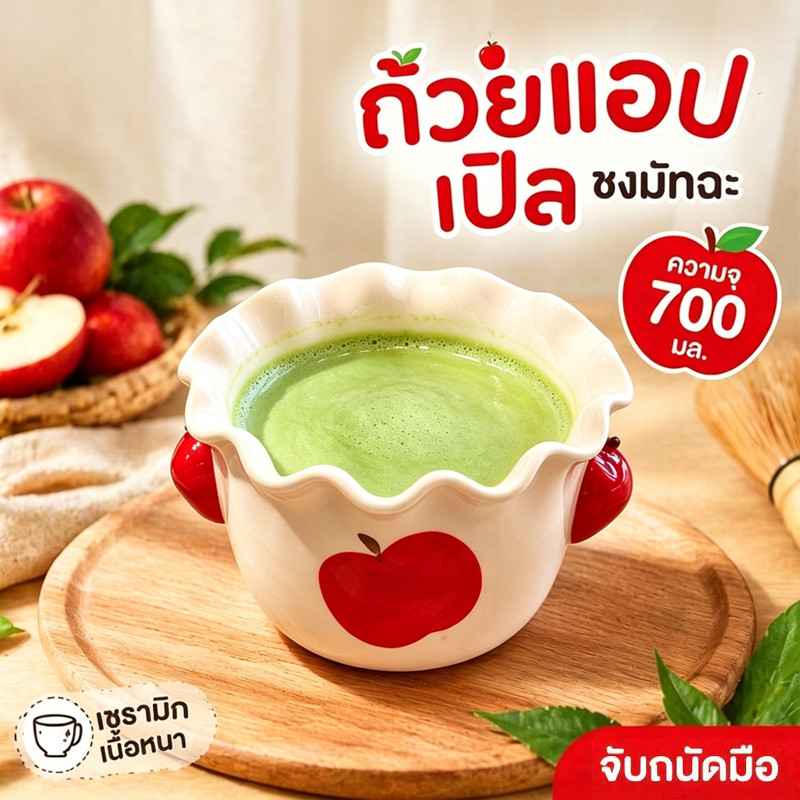 ถ้วยมัทชะเซรามิก ลายแอปเปิ้ลนูน เคลือบใต้ผิว ทนความร้อนสูง หนา 700 มล สำหรับชงชา