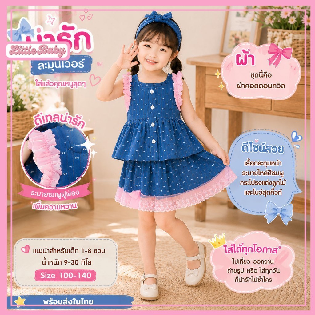 ชุดคุณหนูโบว์หวาน ผ้าคอตตอนทวิล แต่งลูกไม้พรีเมียม รุ่นฮิต สไตล์เกาหลี น้ำหนัก9-30กิโล รหัส G26-6F91