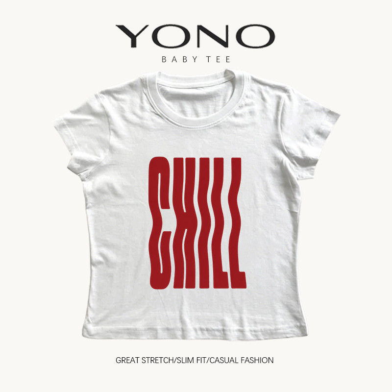 (พร้อมส่ง24ชม.) YONO baby tee สีขาว ลาย SKILL ตัวอักษรสีแดง ทรงเข้ารูป สไตล์เรโทร y2k