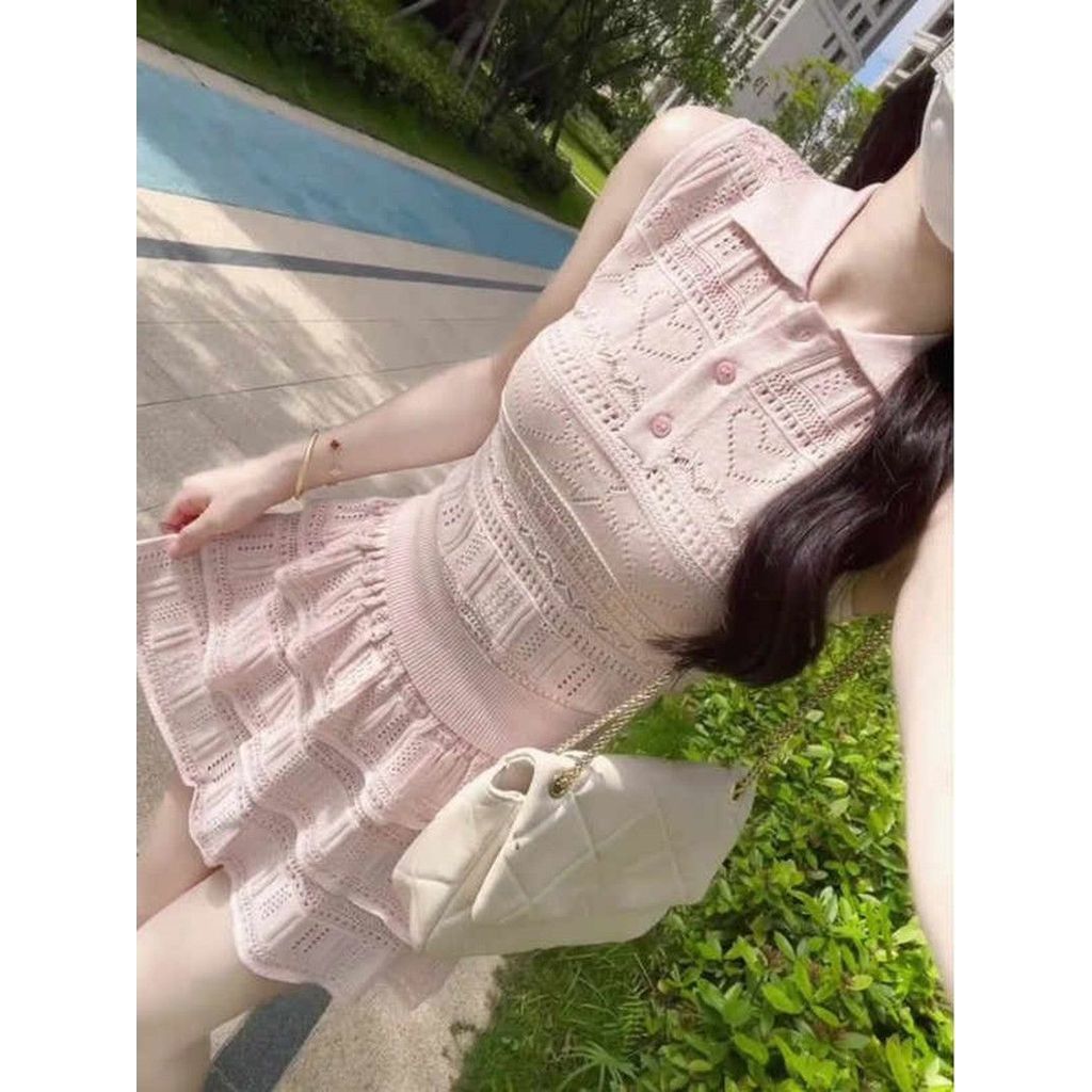 หวานนุ่มสีชมพูโปโลคอถังผู้หญิง ก-เส้น มินิเดรสสองชิ้นชุดจับคู่ฤดูร้อน