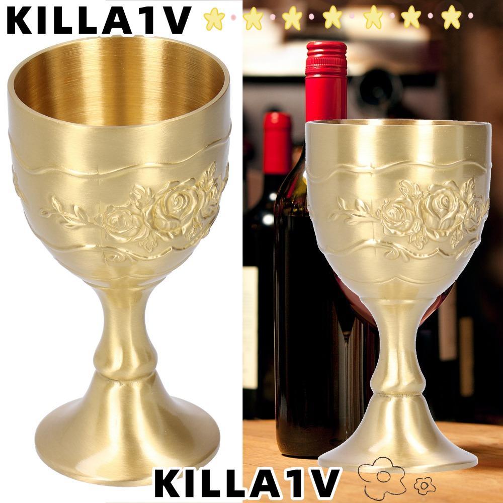 KILLA1V ทองเหลือง Goblet, นูน Rose แกะสลักดอกไม้ Vintage Chalices, Goblet & Chalices ทองทองเหลืองไวน