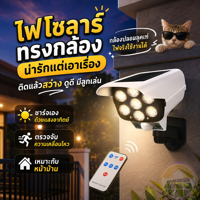 ไฟโซล่าเซลล์ ไฟติดผนัง 77LED Solar SensorLight สไตล์กล้องวงจรปิด ไฟติดผนัง 3โหมด พร้อมรีโมทคอนโทล ไฟสว่างจ้า กันน้ำทนแดด