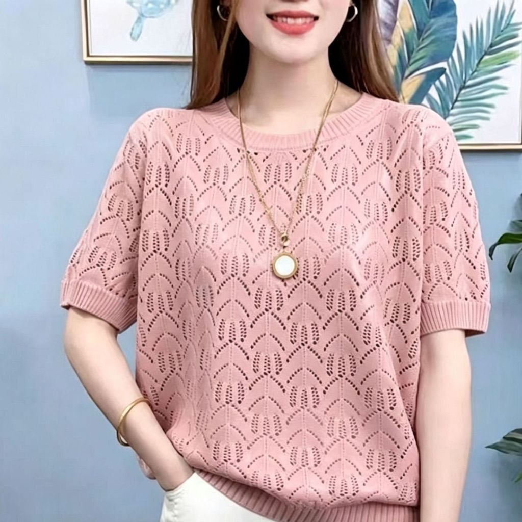 ผู้หญิงฤดูร้อนใหม่ กลวง-ออก ถักแขนสั้นด้านบน,รอบคอหลวมพอดีสบายๆอเนกประสงค์เสื้อสวมหัวเสื้อยืด