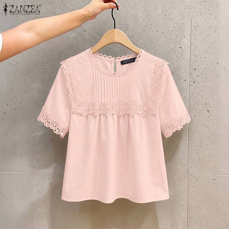 ZANZEA ผู้หญิงเกาหลีประณีต Chic รอบคอแขนสั้นลูกไม้ Patchwork Pleats ธรรมดาเสื้อ — صورة 5