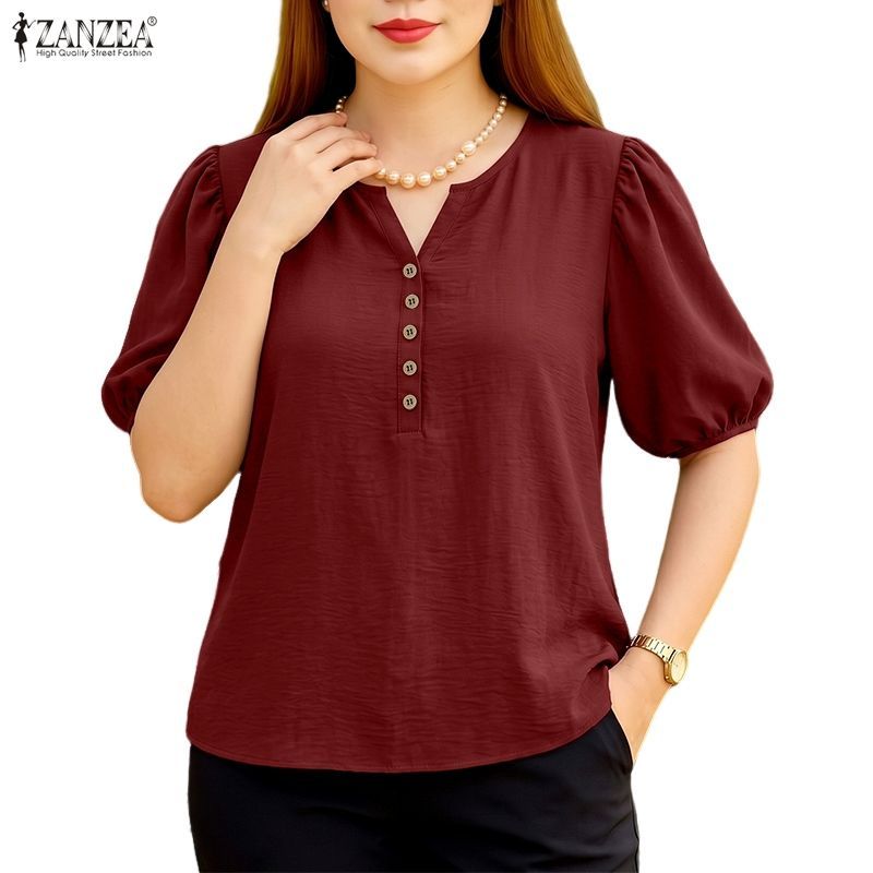 ZANZEA ผู้หญิงเกาหลีหวาน Elegant Crew V คอพัฟแขนครึ่งปุ่มหลวมเสื้อธรรมดา — صورة 6