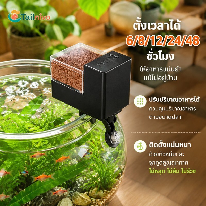 เครื่องป้อนปลาอัตโนมัติจับเวลาปรับพอร์ชั่นความชื้นเงียบดูดคลิปเมาแบตเตอรี่ อ่า