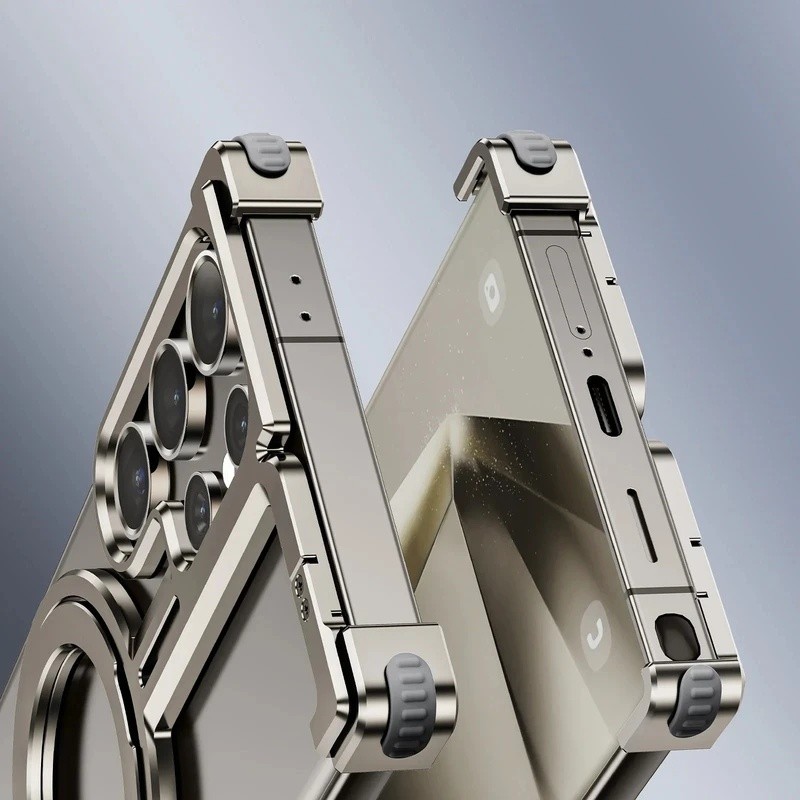 YyyFor Samsung Galaxy S25 S24 Ultra Plus Galaxy Metal Bumper Ring Stand Magnetic Phone Case With Fin