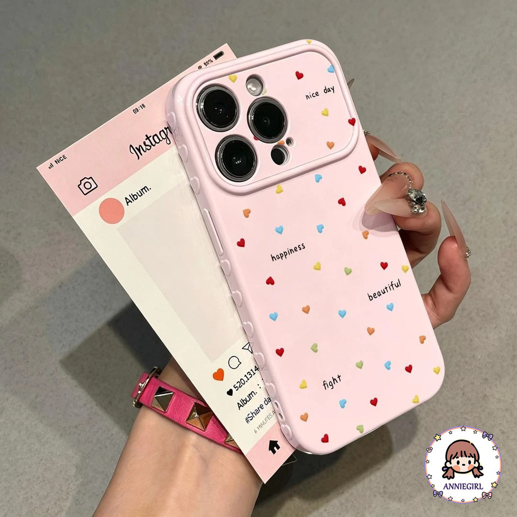 Ins Sweet Girly เคสโทรศัพท์สําหรับ iPhone 17 16 15 14 13 12 11 Pro Max Mini สีหัวใจพิมพ์แรงบันดาลใจสโลแกน 3D Heart Edge Slim ฝาครอบป้องกัน