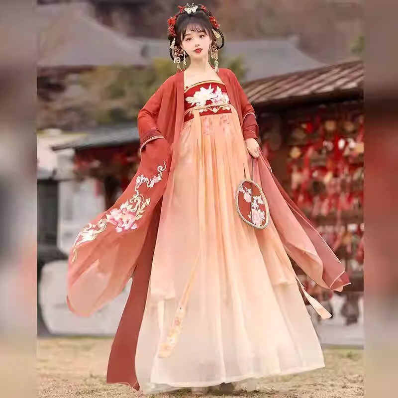 T Tang Made Hanfu หญิง Tang ปัก Xote กระโปรงเสื้อแขนยาวขนาดใหญ่ผ้าคลุมไหล่ชุด