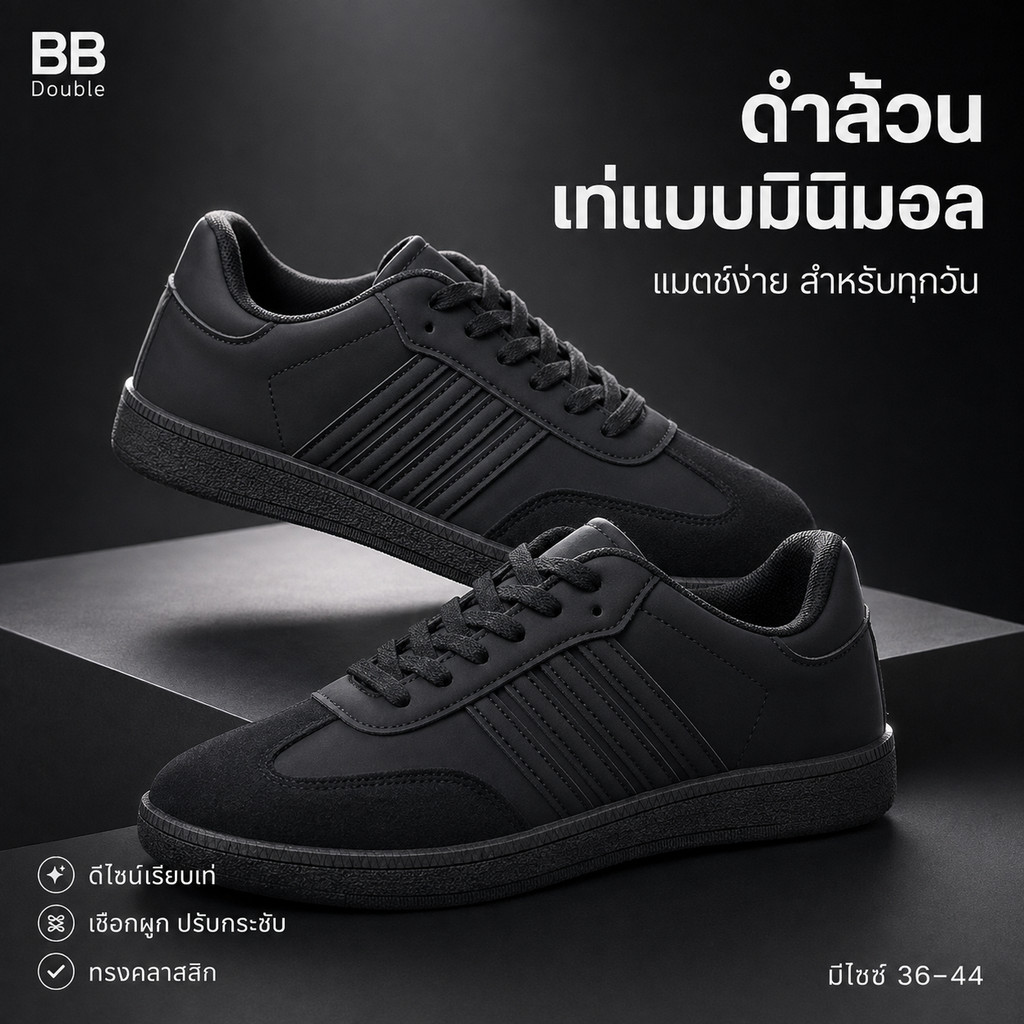 🔥BB Double รองเท้าผ้าใบทรงคลาสสิก ใส่ง่ายแมตช์ได้หลายลุค ดีเทลแถบ 5 เส้น พื้นยางสีน้ำตาล ใส่เรียนทำงาน ไซซ์ 36-44 1 คู่