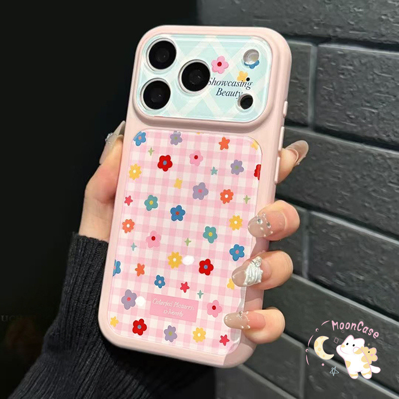สำหรับ iPhone 14 12 16 15 13 11 18 17 Pro Max 14 16 17 Pro เคสลายดอกไม้สีสันเต็มผืน ตารางชมพู ครอบคลุมกันกระแทก