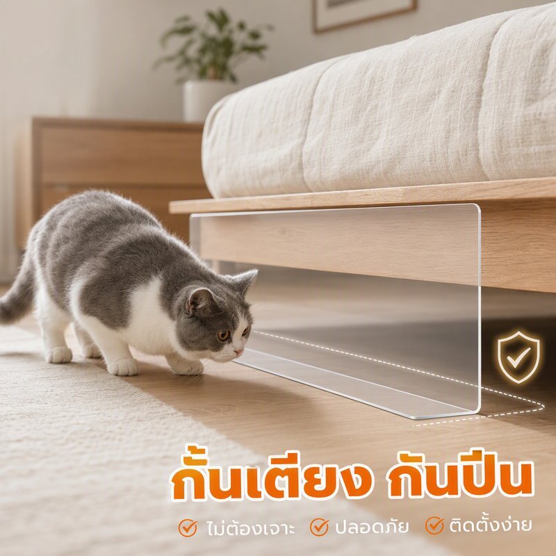 แผ่นกั้นแมว รูปตัว L PVC ใส กันมุดใต้เตียง ใต้โซฟา ติดกาว ไม่เจาะ ถอดได้ ปลอดภัย