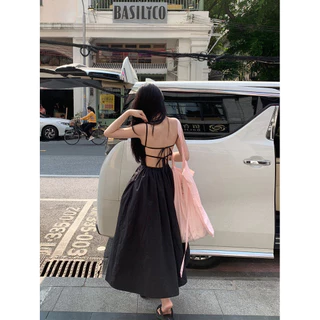 พร้อมส่ง✨เดรสออกงาน สายเดี่ยว เปิดหลัง🔥ชุดเดรสผู้หญิง ผูกเชือกด้านหน้า ด้านหลัง สีพื้น สไตล์หรูหรา