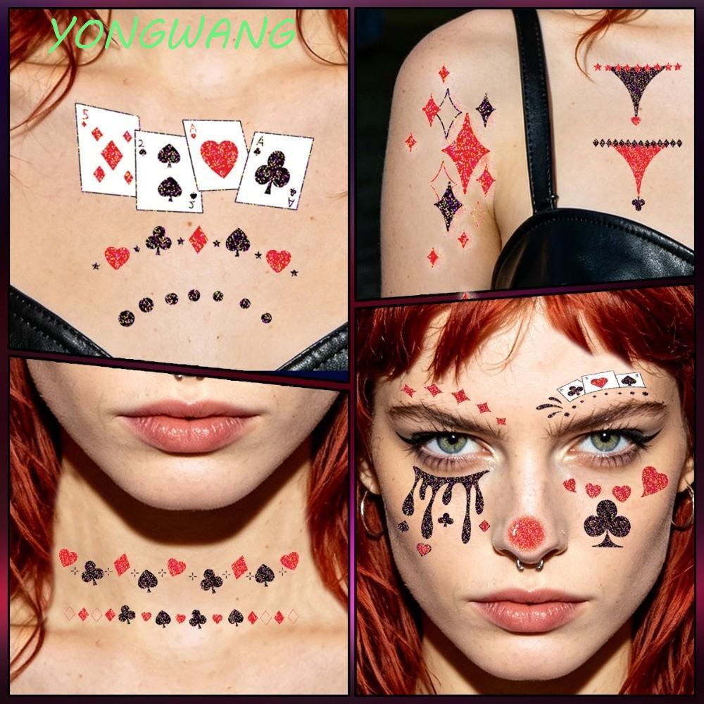 YONGWANG 4 ชิ้นฮาโลวีน Joker Tattoo สติกเกอร์, Glitter Joker กันน้ํา Joker Blush ชั่วคราว Tattoo, ที