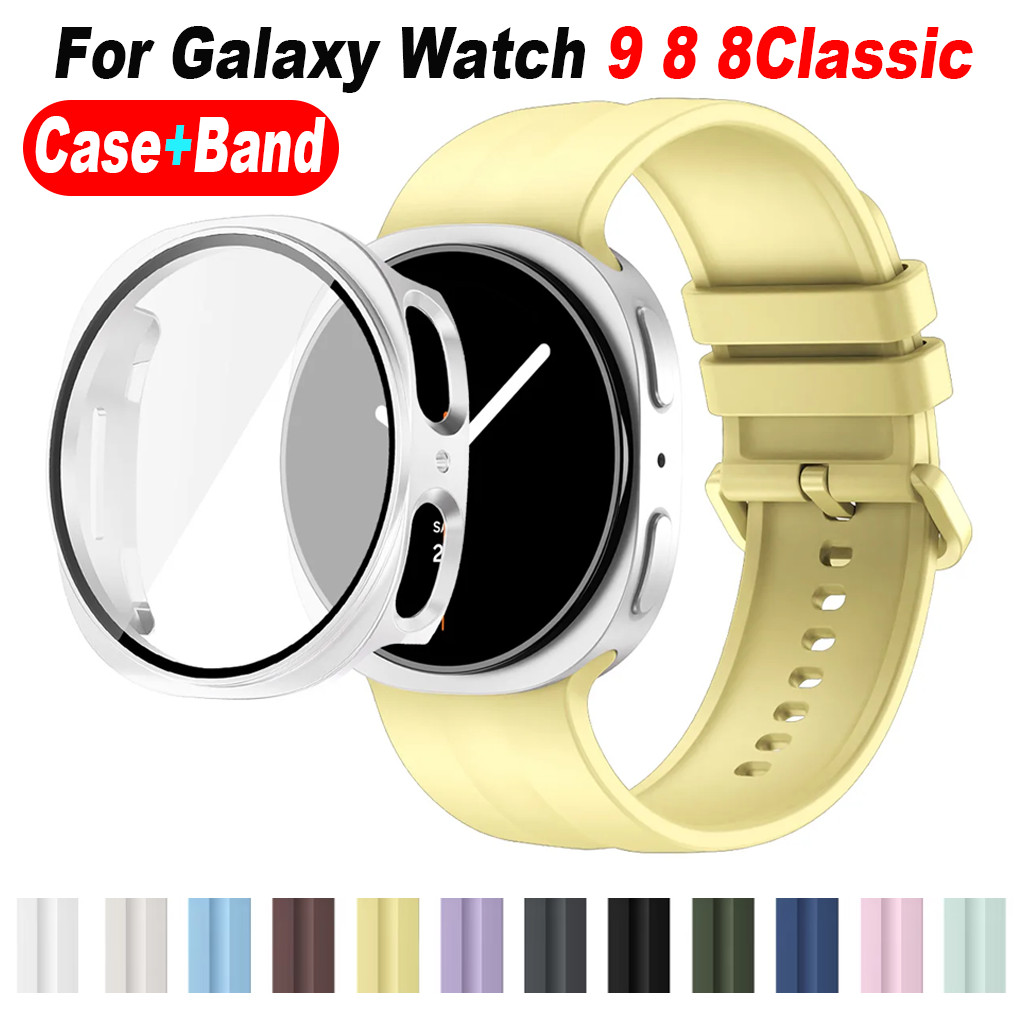กระจกนิรภัย + ฝาครอบ + Original Sport Band สําหรับ Samsung Galaxy Watch 9 8 40 มม.44 มม., สายรัดข้อมือซิลิโคนป้องกันหน้าจอกรณีสร้อยข้อมือ