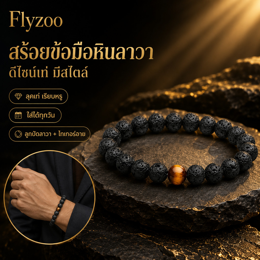 FLYZOO สร้อยข้อมือหินลาวาสีดำ แต่งลูกปัดหินตาเสือ สไตล์มินิมอล สำหรับผู้ชายและผู้หญิง