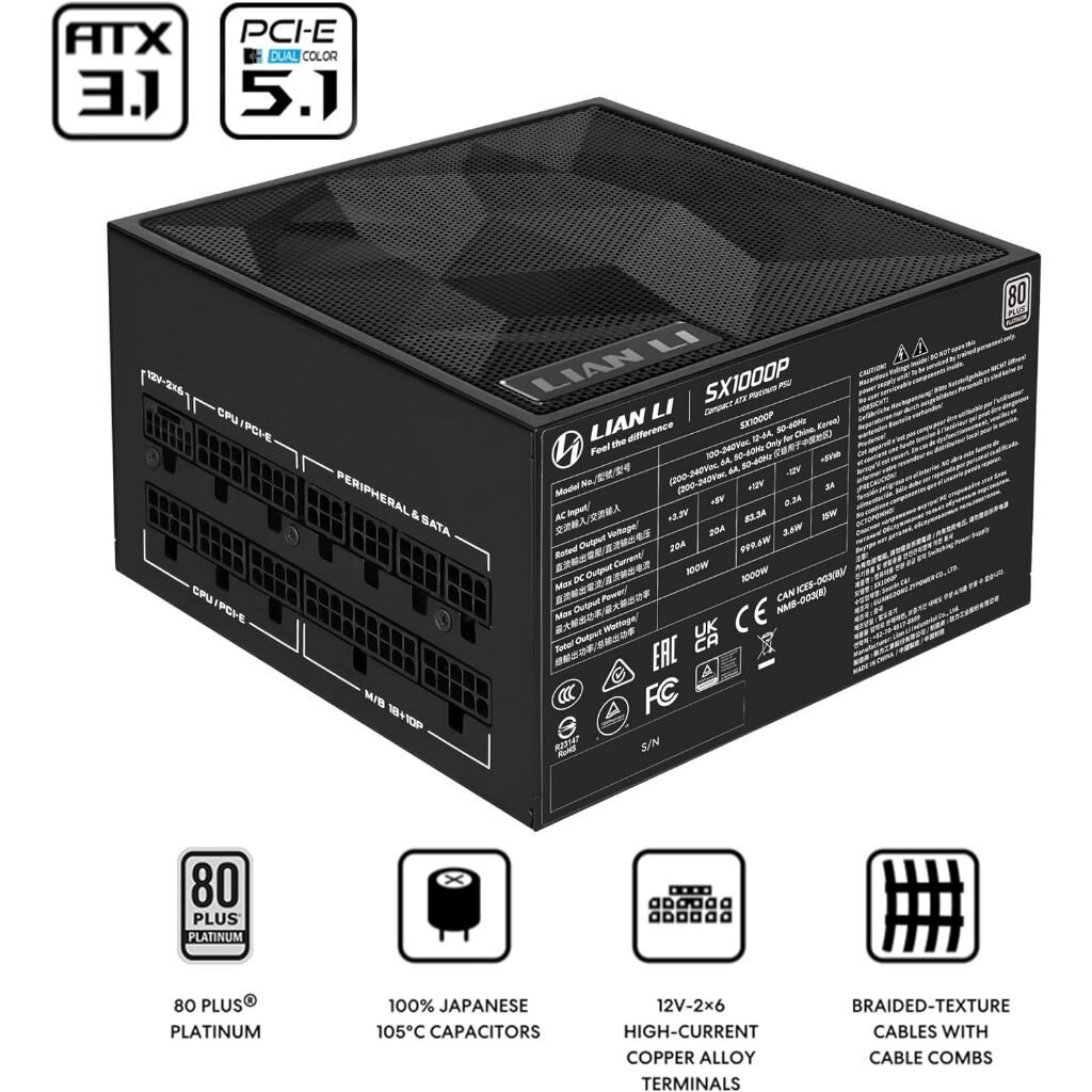LIAN LI SX Platinum 1000W (SX1000P) BLACK 80Plus Platinum ATX 3.1 & PCIe 5.1 Power Supply