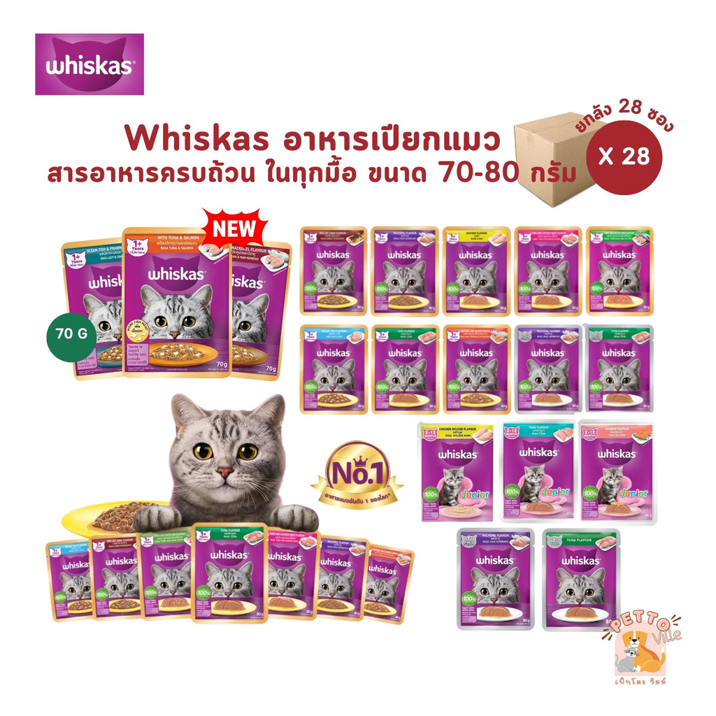 [ยกลัง 28 ซอง] Whiskas อาหารเปียกแมว วิสกัส เพาซ์ อาหารแมวเปียก ขนาด 70-80g