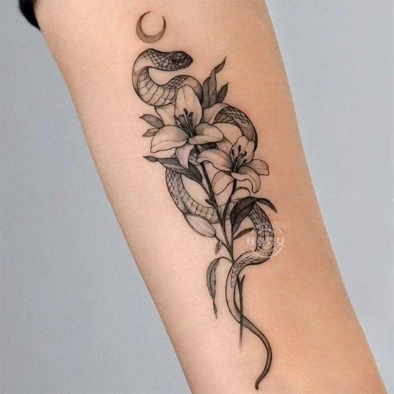 Retro Moon Snake Lily Tattoo สติก