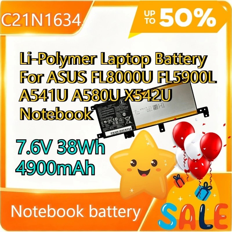 C21N1634 7.6V 38Wh 4900mAh Li-Polymer แบตเตอรี่แล็ปท็อปสําหรับ ASUS FL8000U FL5900L A541U A580U X542